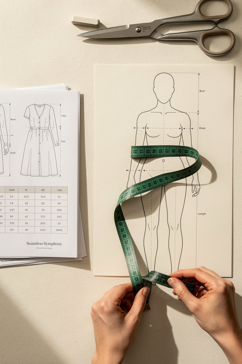 Seamless Symphony size guide and body measurement diagram for custom-fit sewing patterns